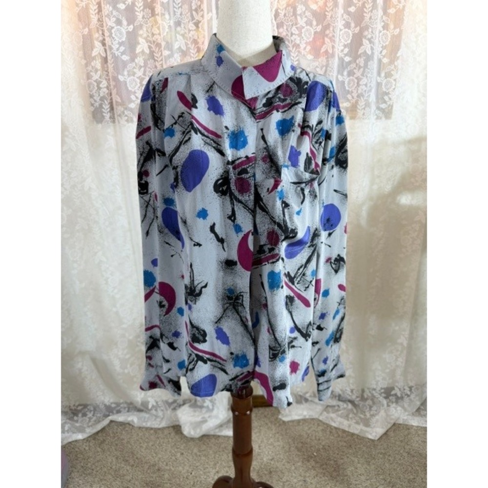Vintage Nicola Abstract Paint Splatter Blouse Gray Purple Blue 80s Retro Top
